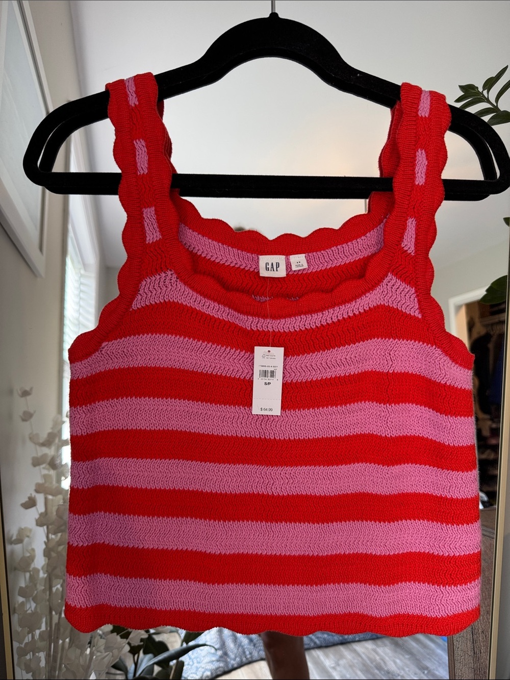 GAP Red and Pink Striped Scallop-Edge Knit Crop Tank